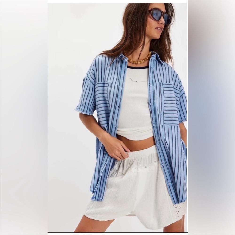 Free People We The Free Christopher Linen Shirt. NWT. Cornflower blue - Picture 2 of 4